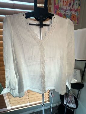 Women’s White Lace-Trim V-Neck Blouse